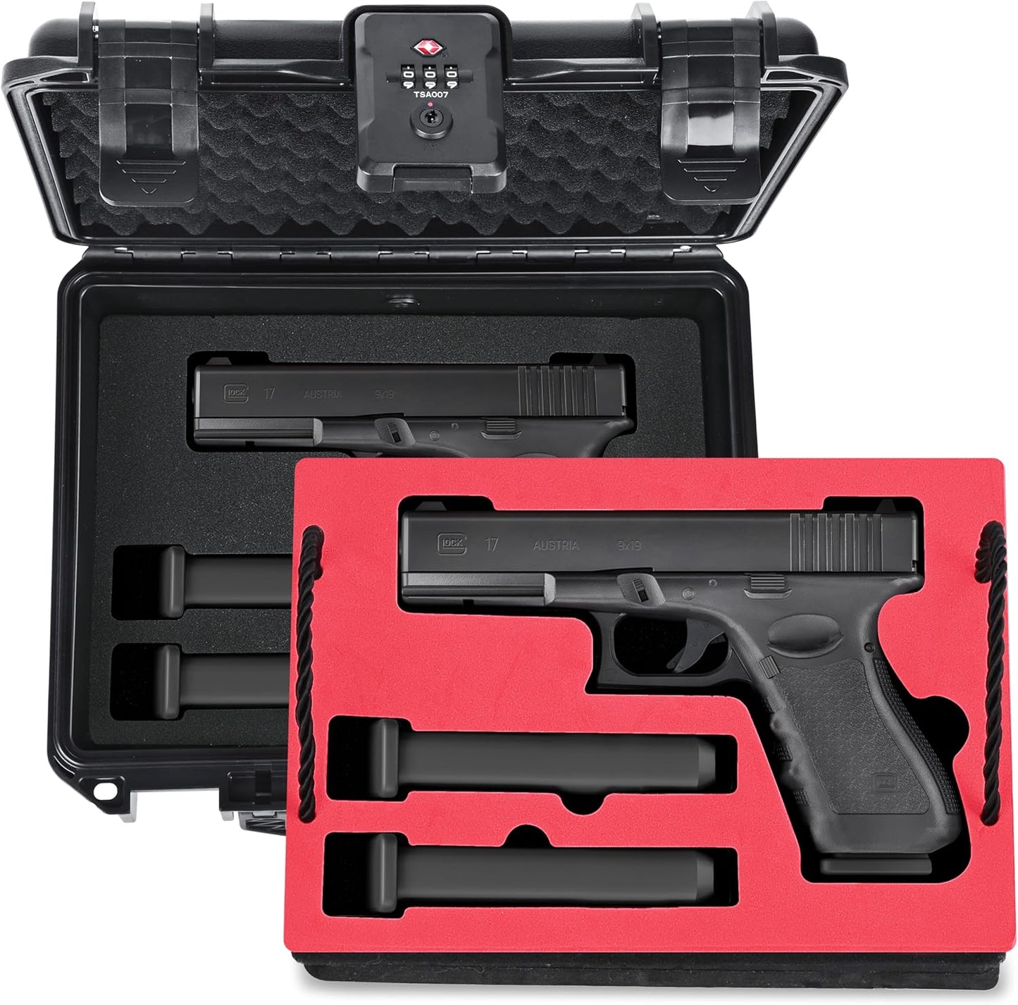 2 TSA Pistol Case Lockable Handgun Case for Glock, TSA Gun Case for G17/G19/G20/G21/G22/G23/G31/G32/G37/G38/G43/G45, Waterproof Gun Case with Foam, Pistol Case for Transport & Storage