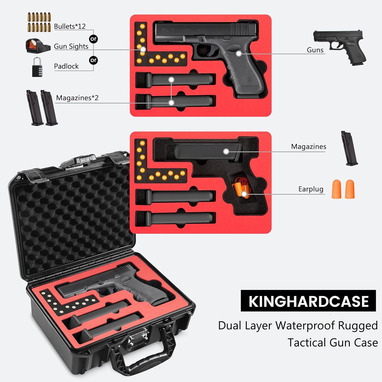 Lockable Handgun Case for Glock, TSA Gun Case for G17/G19/G20/G21/G22/G23/G31/G32/G37/G38/G43/G45, Waterproof Gun Case with Foam, Pistol Case for Transport & Storage