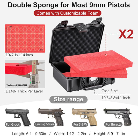 TSA Gun Case for Handgun, TSA Approved Firearm Travel Case, Waterproof & Shock Proof Lockable handgun case, 10.6”*8.8”*4” Inches 9mm Pistol Case Hard Shell
