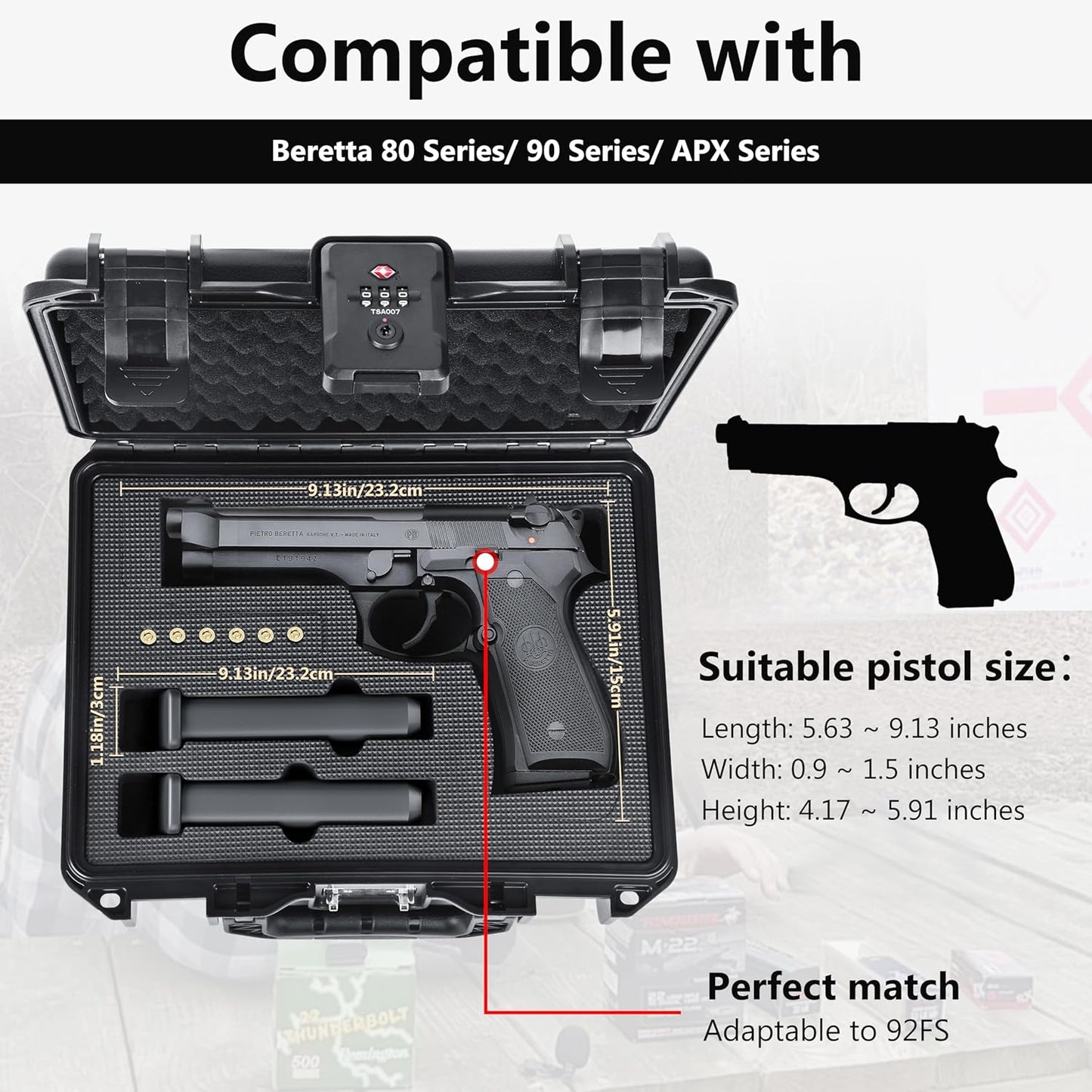TSA Approved Firearm Travel Case for Beretta 92FS/M9/92A1/96A1, Waterproof Lockable Gun Cases for Handguns, Hard Pistol Case for 9mm Beretta Gun Storage & Transport