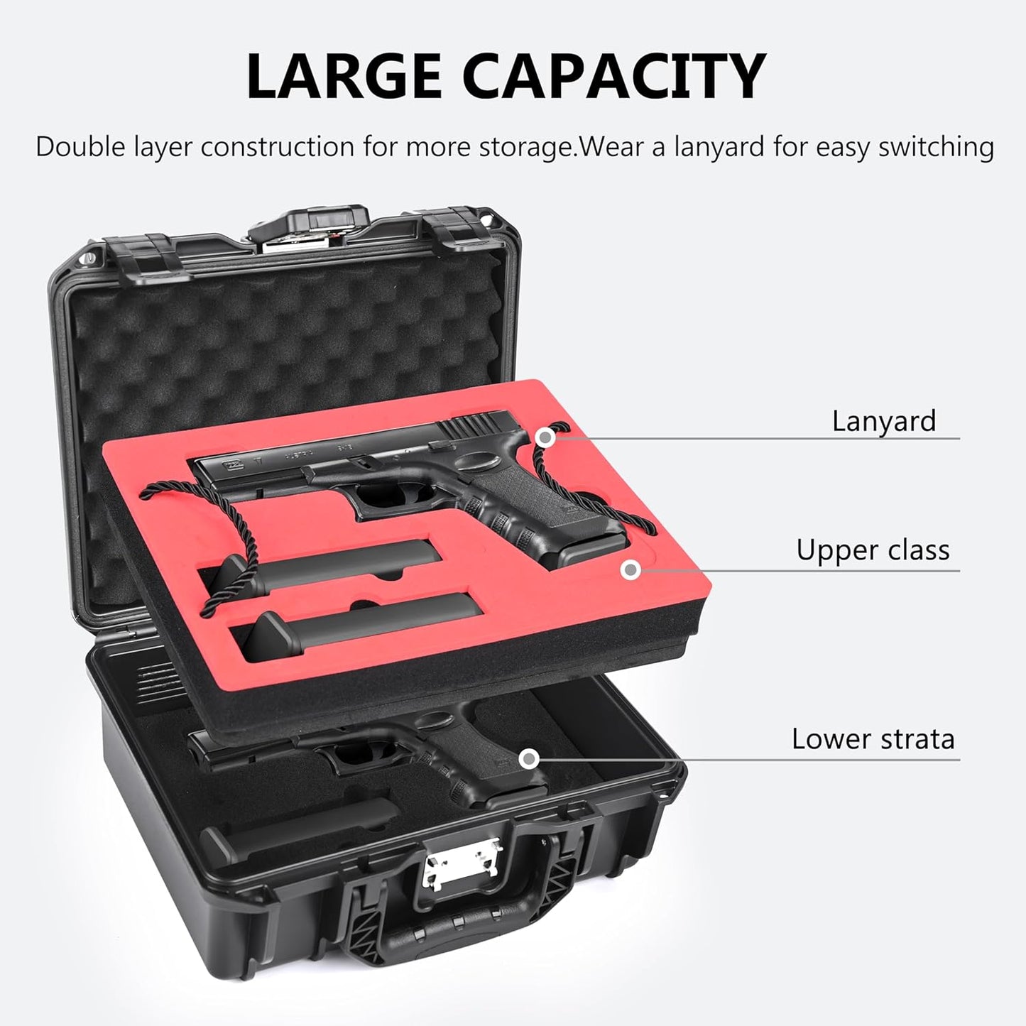 2 TSA Pistol Case Lockable Handgun Case for Glock, TSA Gun Case for G17/G19/G20/G21/G22/G23/G31/G32/G37/G38/G43/G45, Waterproof Gun Case with Foam, Pistol Case for Transport & Storage