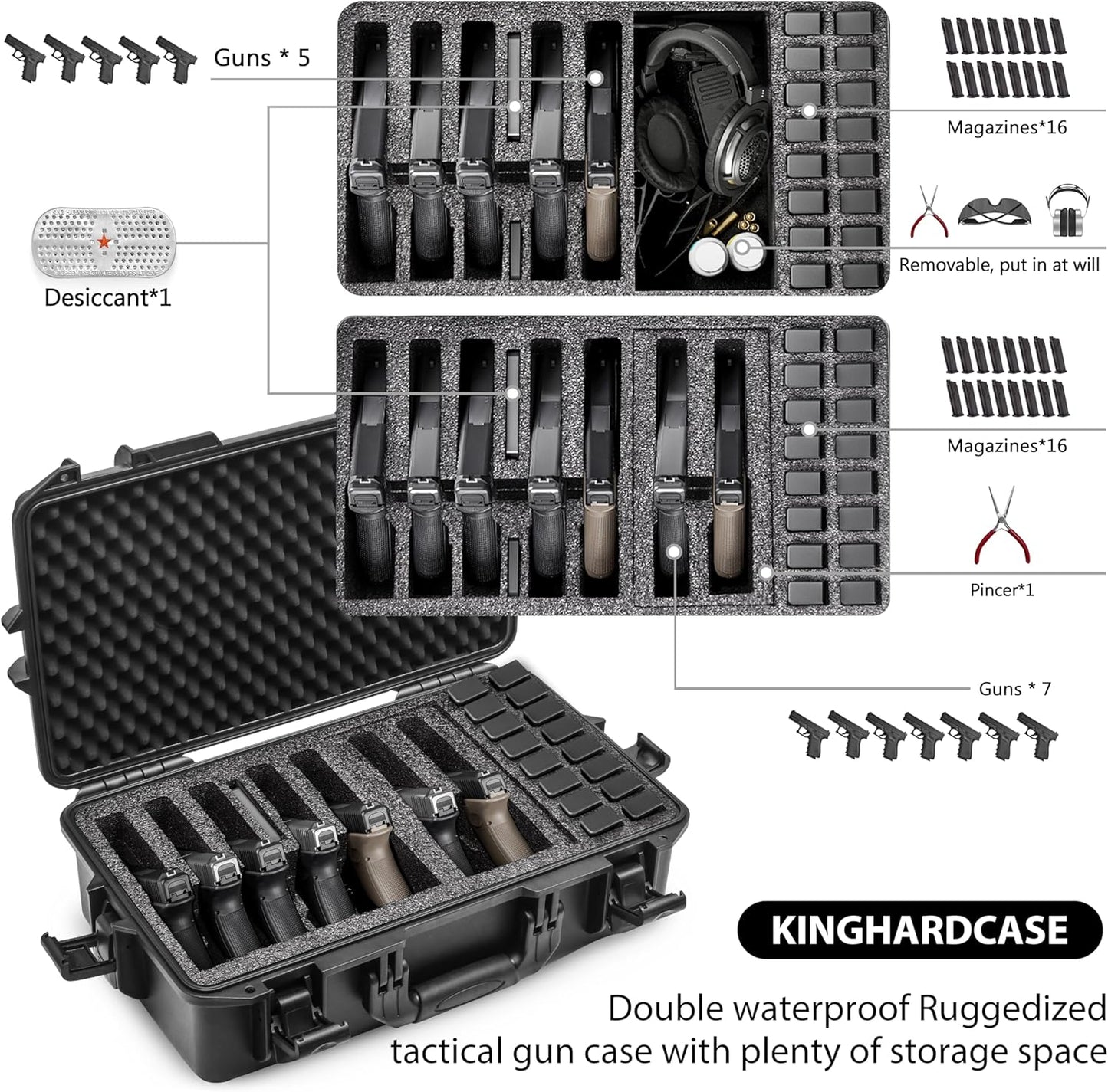Hard Pistol Cases - Compatible with 7 Pistols & 16 Magazines
