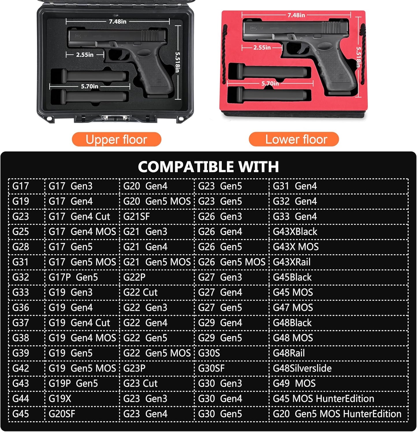 2 TSA Pistol Case Lockable Handgun Case for Glock, TSA Gun Case for G17/G19/G20/G21/G22/G23/G31/G32/G37/G38/G43/G45, Waterproof Gun Case with Foam, Pistol Case for Transport & Storage