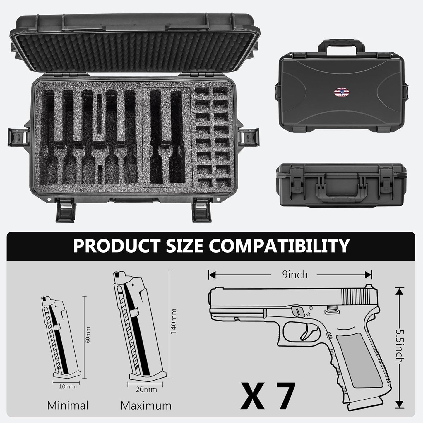 Hard Pistol Cases - Compatible with 7 Pistols & 16 Magazines