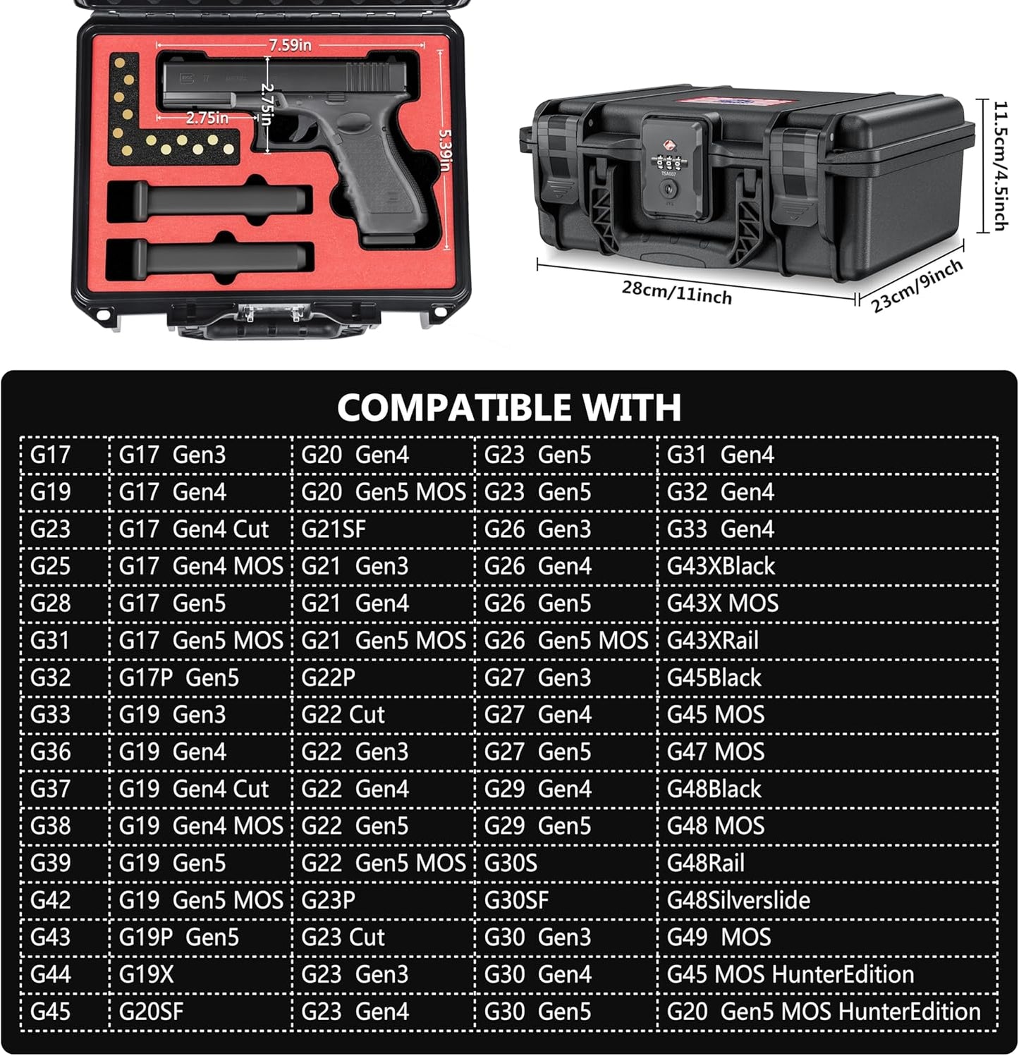 Lockable Handgun Case for Glock, TSA Gun Case for G17/G19/G20/G21/G22/G23/G31/G32/G37/G38/G43/G45, Waterproof Gun Case with Foam, Pistol Case for Transport & Storage