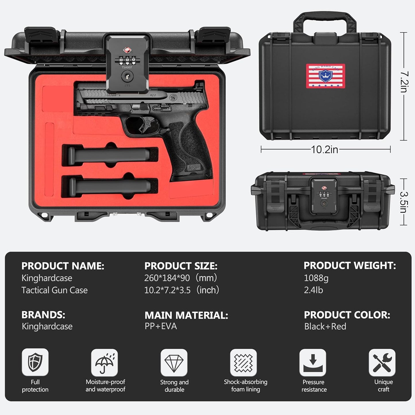 TSA Combination Lockable Gun Case for Smith & Wesson, Water & Shock Proof Pistol Case Hard Shell Case for S&W M&P 9 M2.0, Smith & Wesson M&P 9 Shield EZ/Shield Plus, M&P 9 M2.0 5"